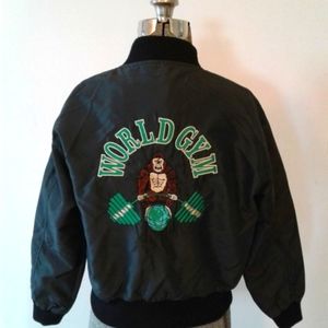 RARE Tony Nowak Embroidered bomber crop Jacket World Gym Gorilla 90's Sz L Vtg